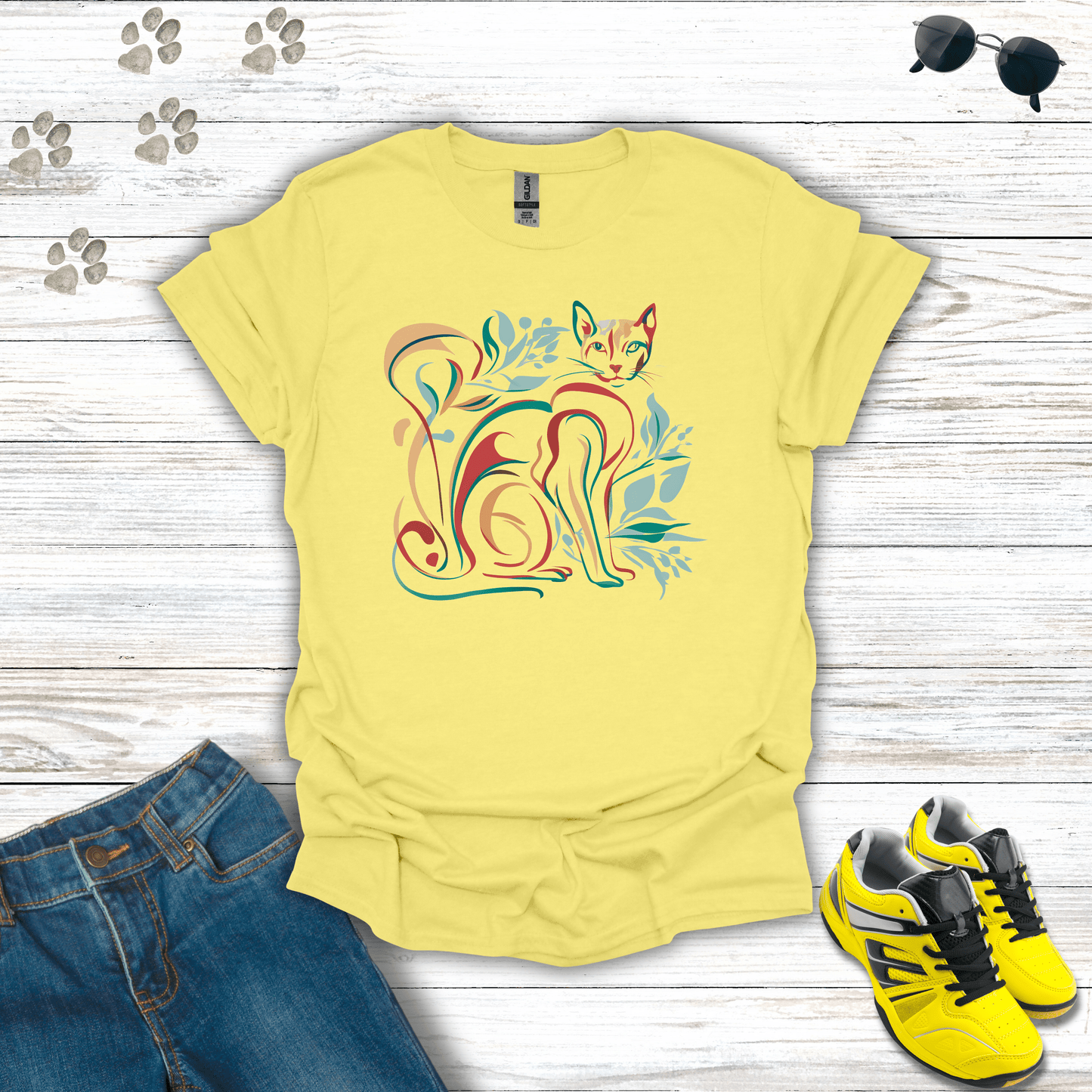 Leafy Lines: The Artful Cat T-Shirt