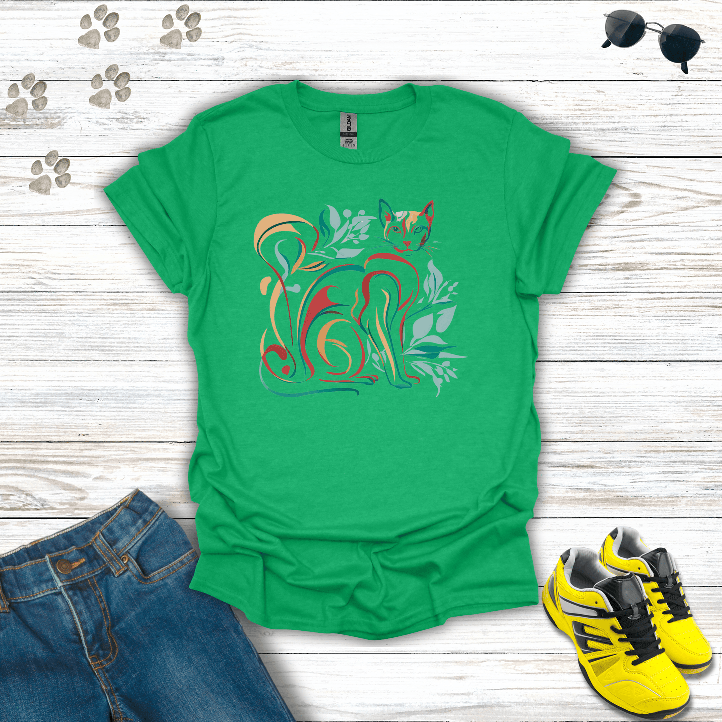 Leafy Lines: The Artful Cat T-Shirt