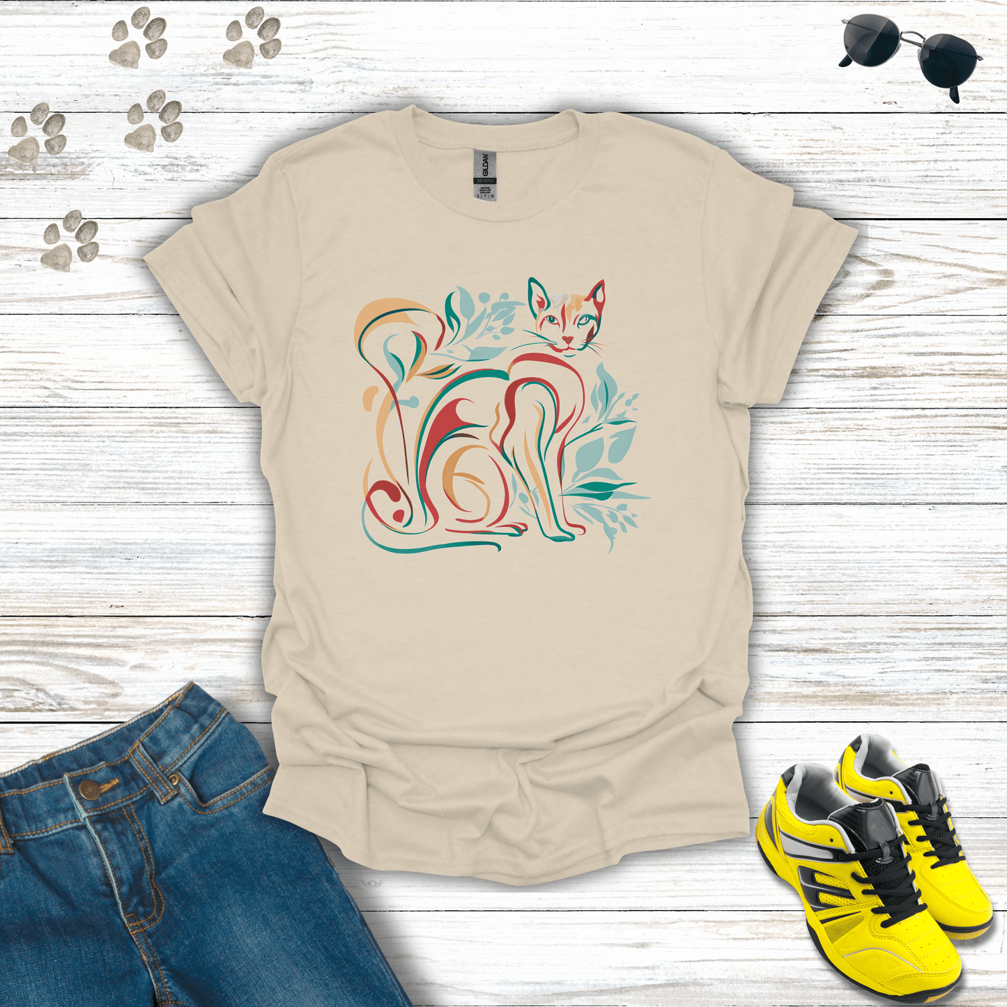 Leafy Lines: The Artful Cat T-Shirt