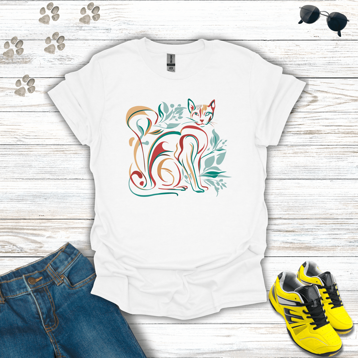 Leafy Lines: The Artful Cat T-Shirt