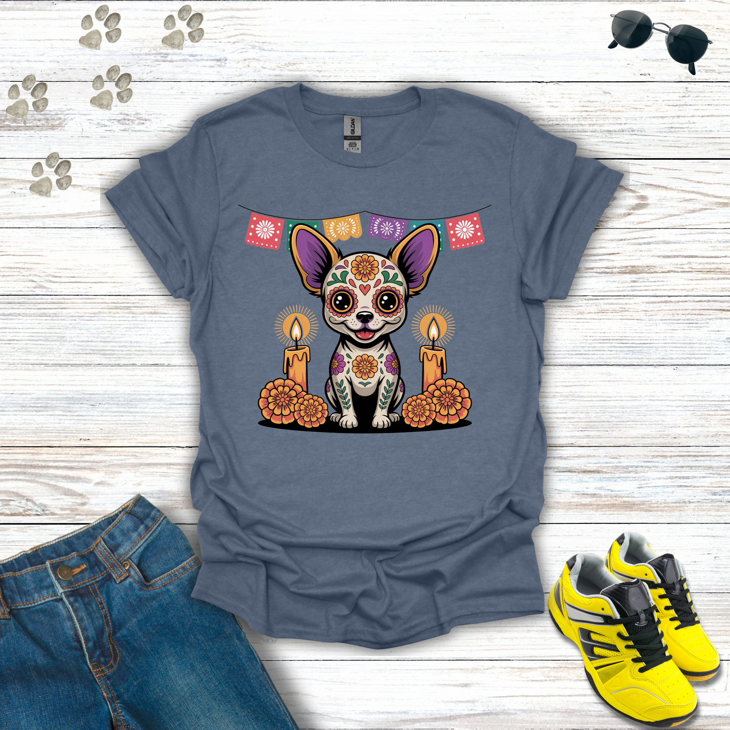 Heather Indigo t-shirt Sugar Skull Chihuahua T-Shirt design with candles, marigolds, and papel picado Día de los Muertos theme.