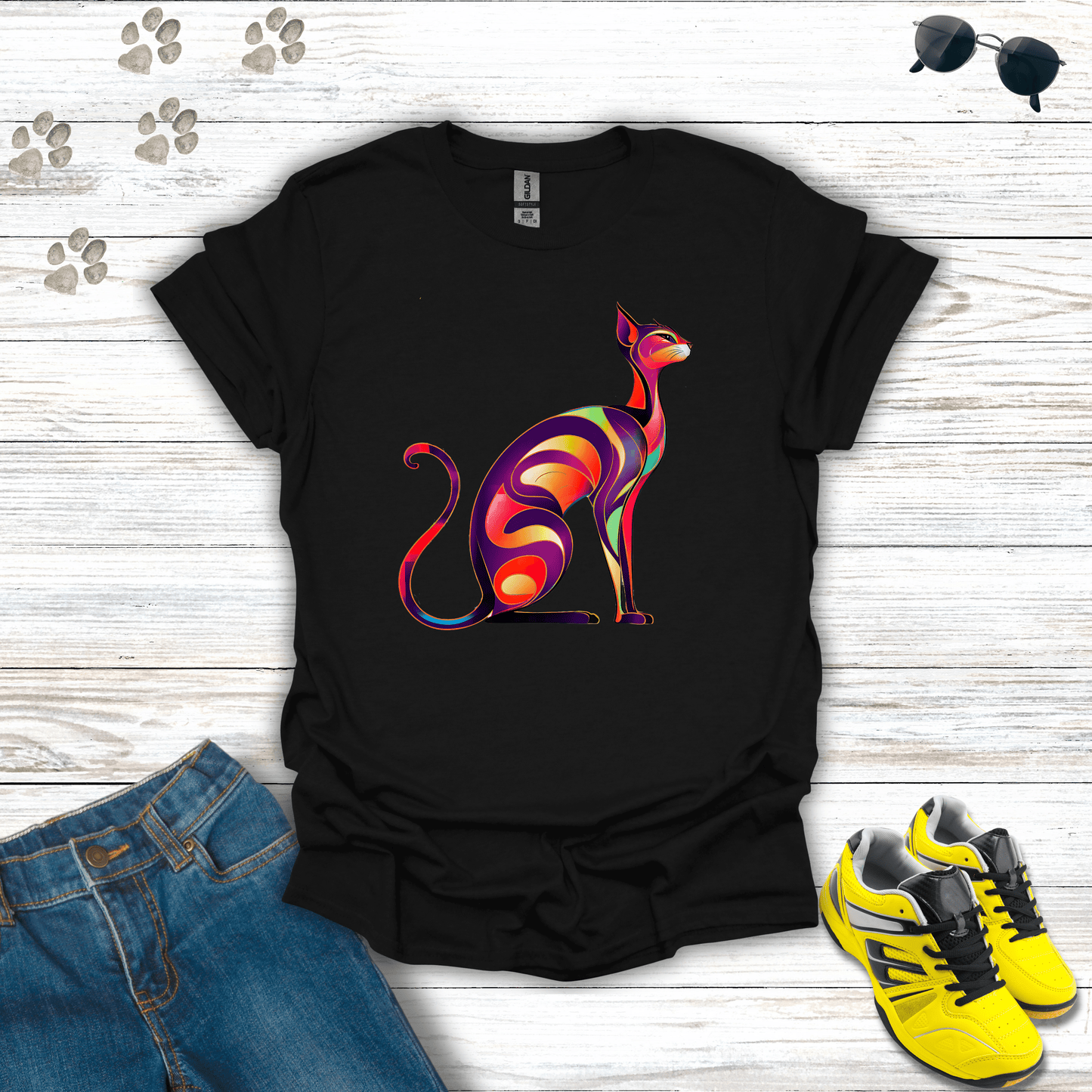 Sunset Whiskers: The Radiant Cat T-Shirt