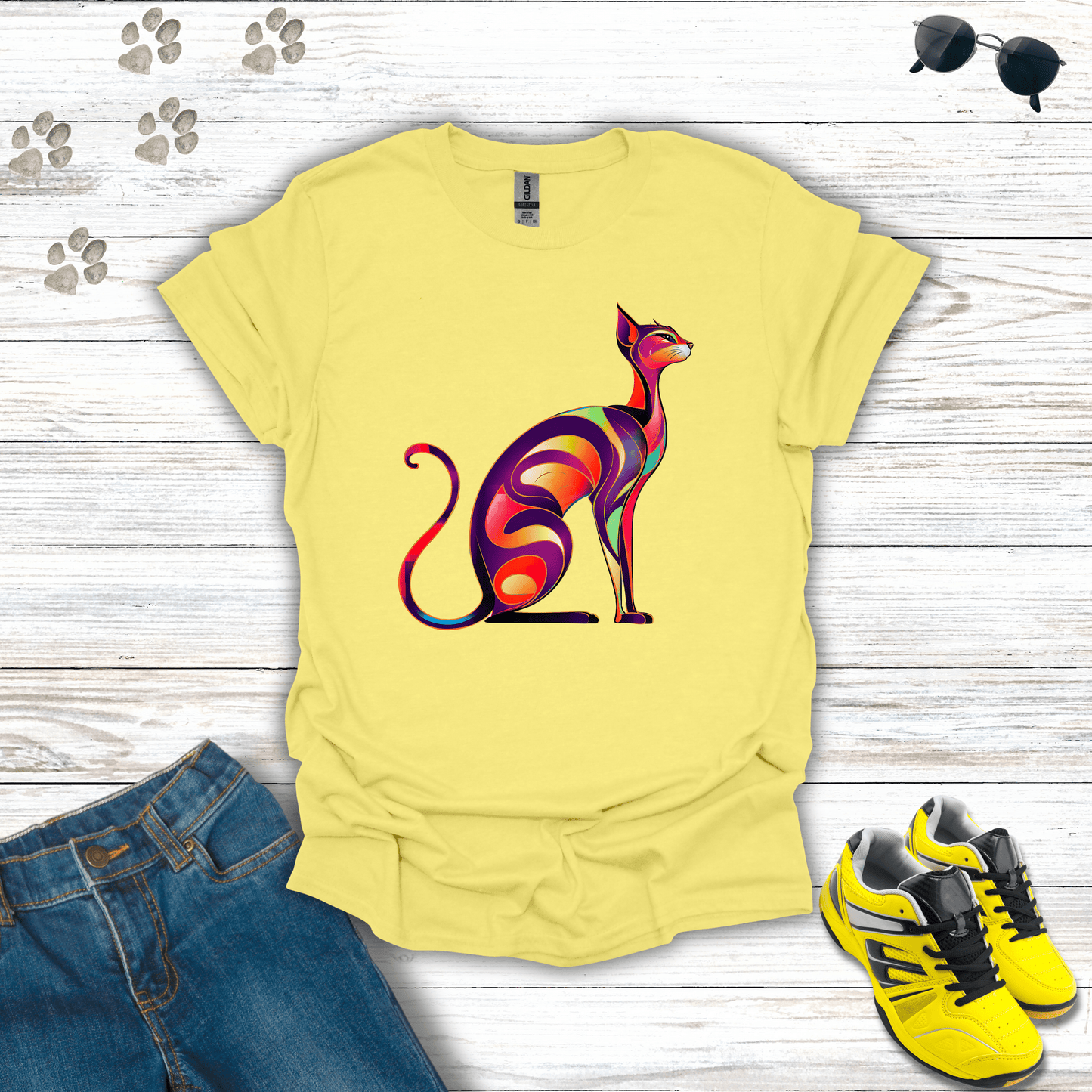 Sunset Whiskers: The Radiant Cat T-Shirt