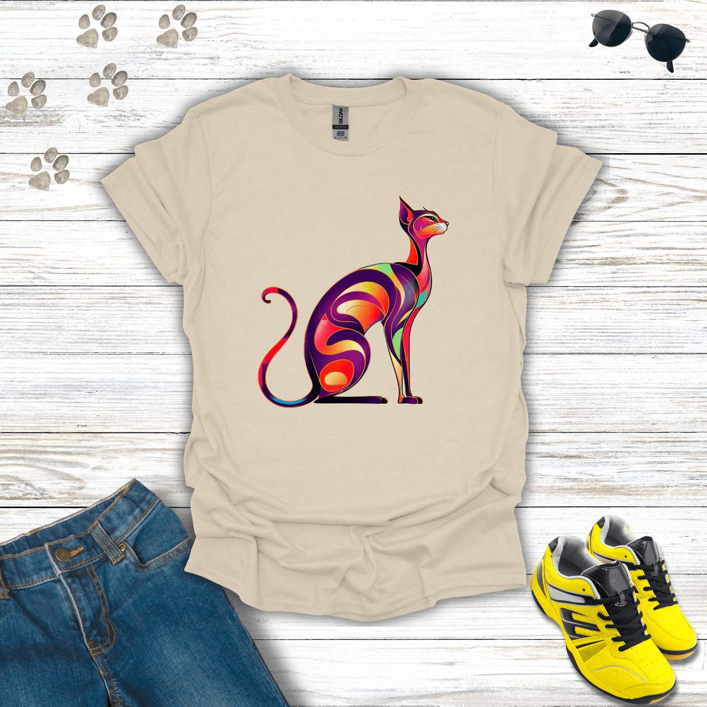Sunset Whiskers: The Radiant Cat T-Shirt