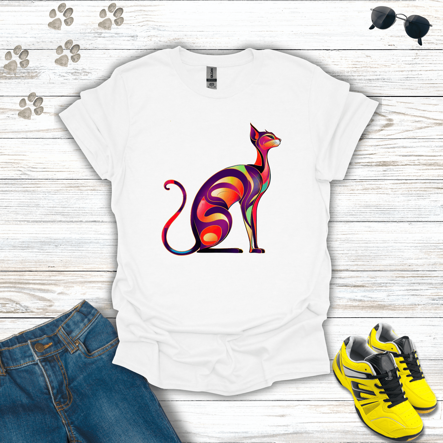 Sunset Whiskers: The Radiant Cat T-Shirt