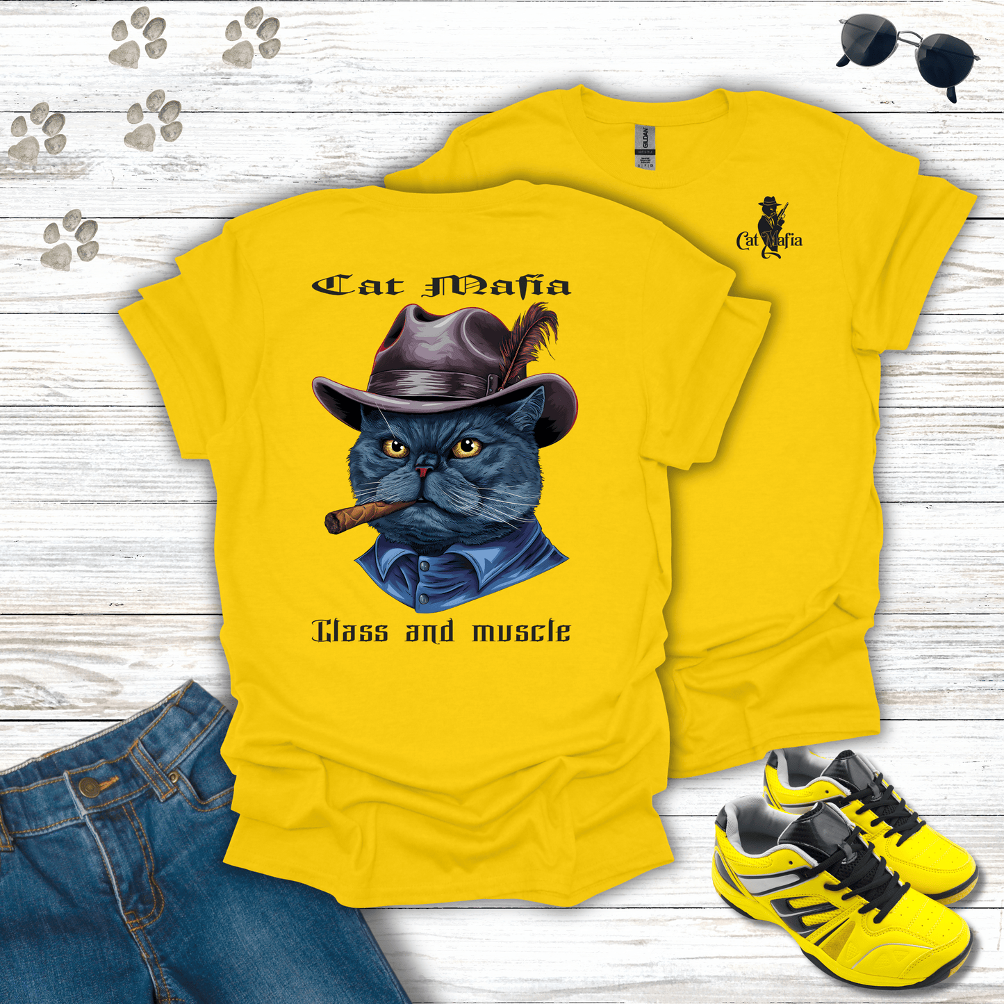 British Shorthair Cat Mafia T-shirt in Daisy — humorous British Shorthair mafia tee