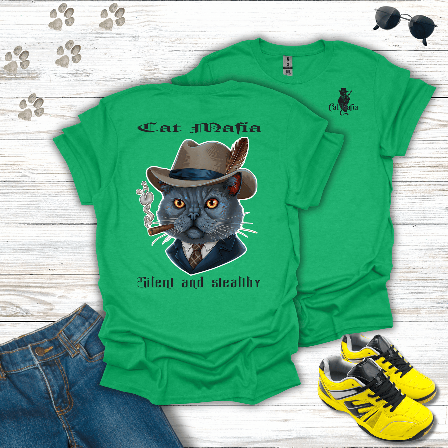 Chartreux Cat Mafia T-shirt in Heather Irish Green — sleek Chartreux mafia design