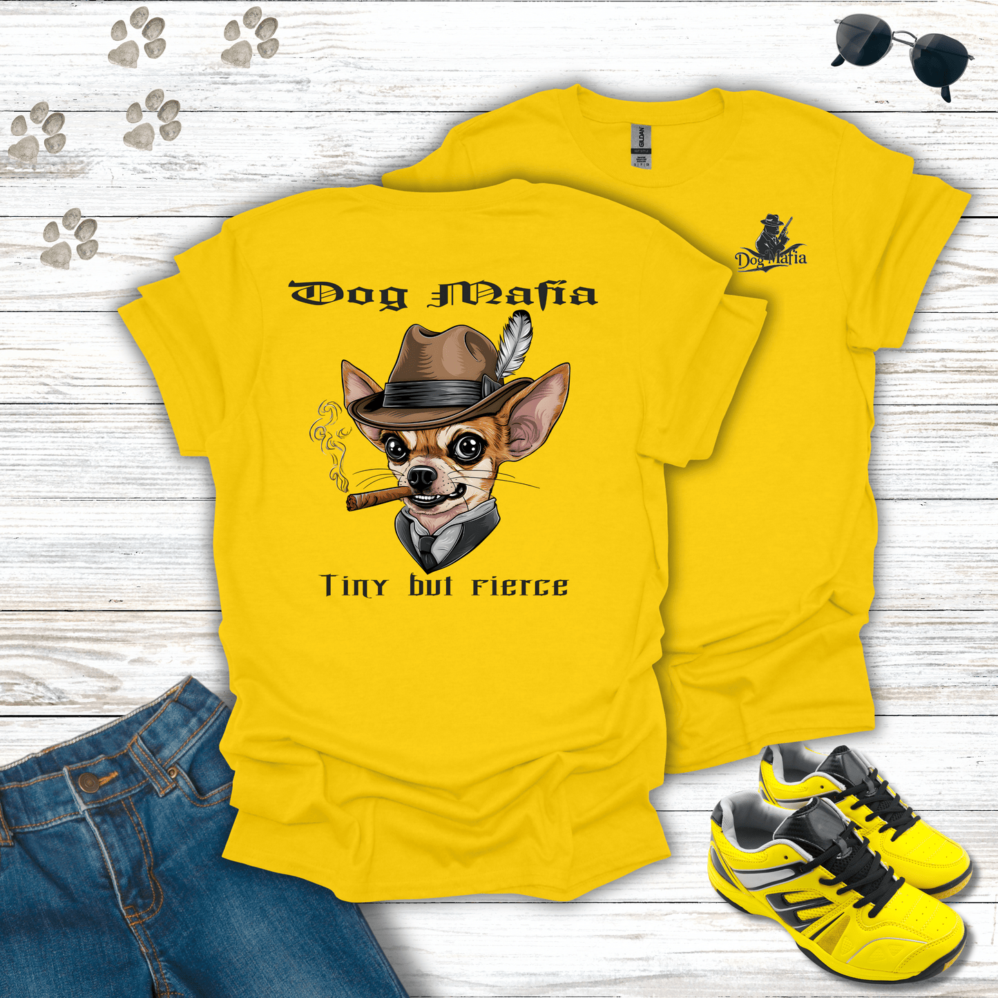 Chihuahua Dog Mafia T-shirt in Daisy — humorous Chihuahua mob boss tee