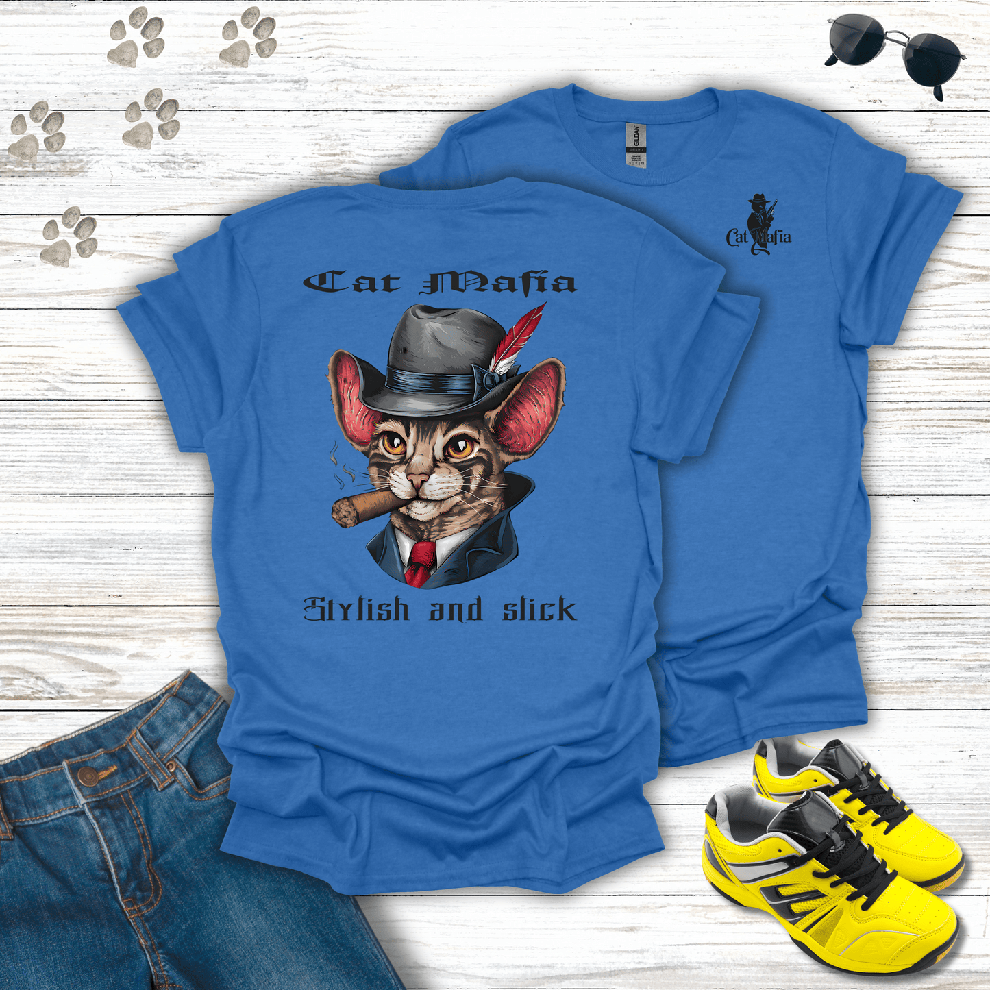Cornish Rex Cat Mafia T-shirt in Heather Royal — stylish Cornish Rex Cat Mafia shirt