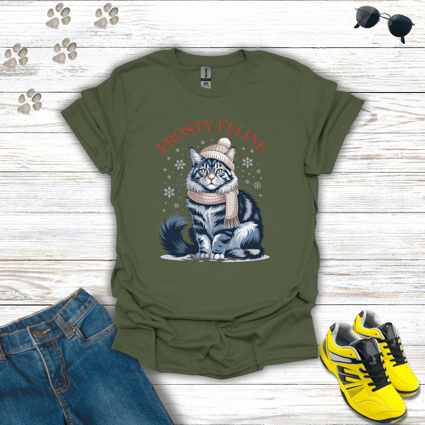 Frosty Feline T-Shirt Military Green / S unisex graphic t-shirt