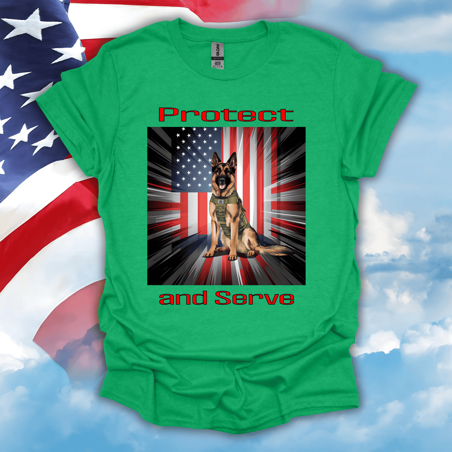 German Shepherd Military K-9 Patriotic T-Shirt in Heather Irish Green — K-9 dog with U.S. flag background