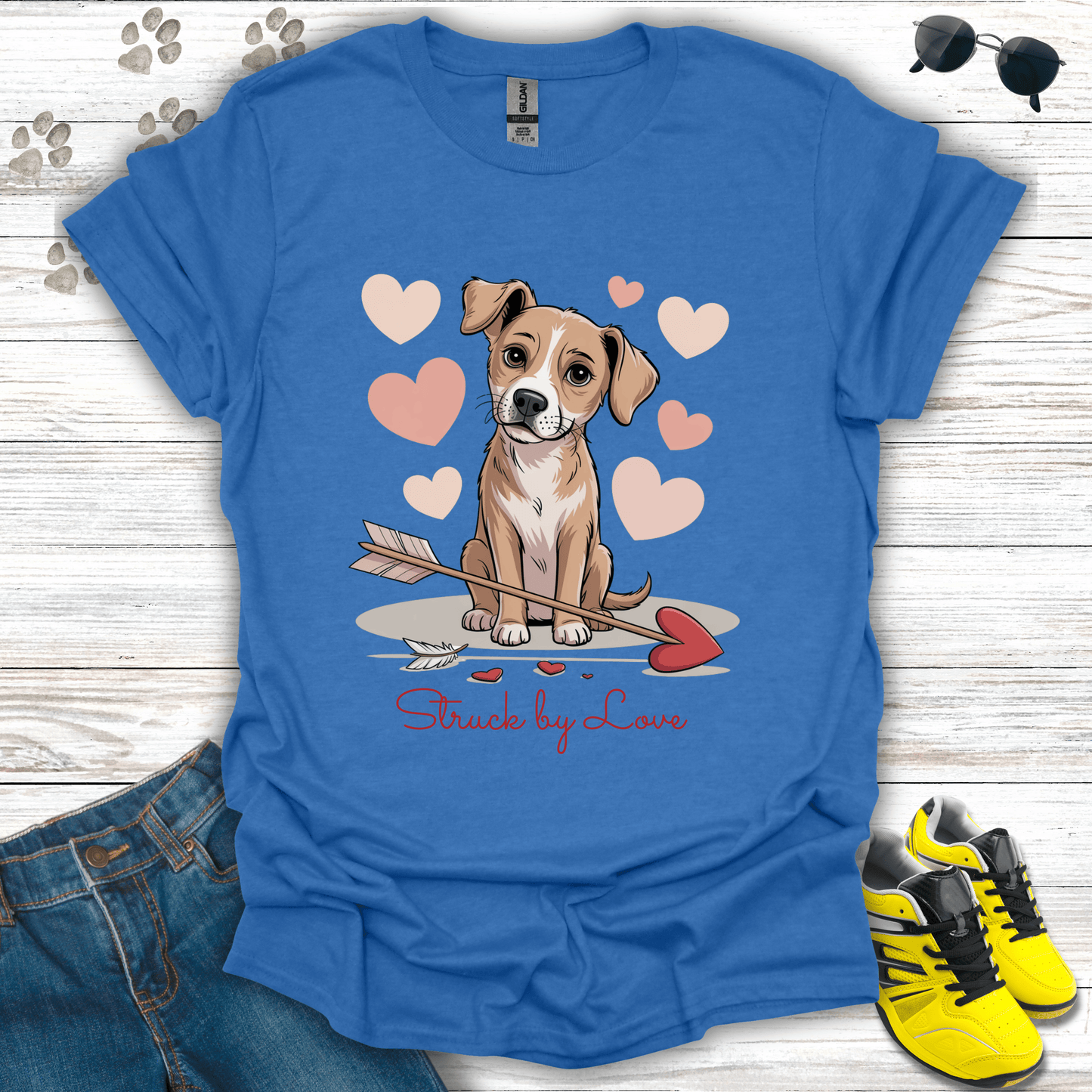 Puppy heart arrow Valentine design printed on heather royal shirt