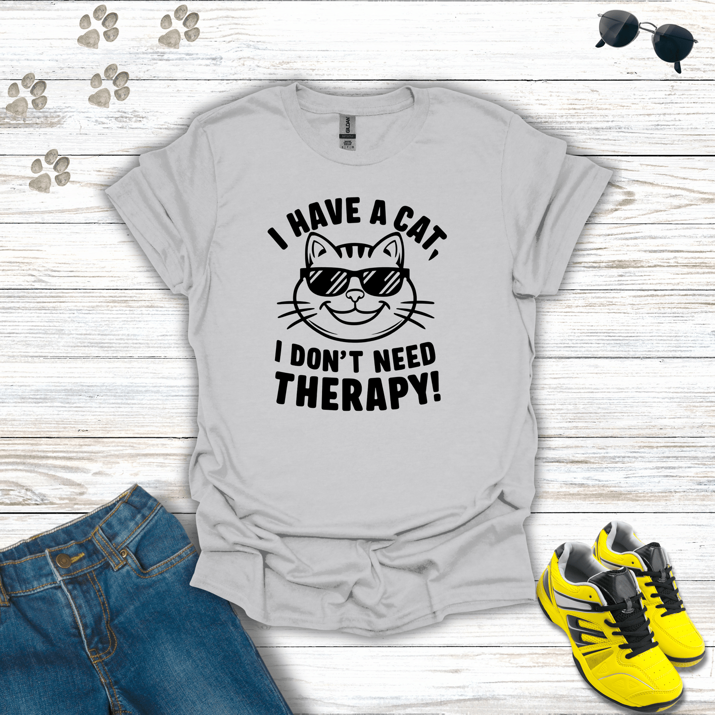 I Have A Cat, I Don't Need Therapy! T-Shirt Ice Grey / S unisex graphic t-shirt