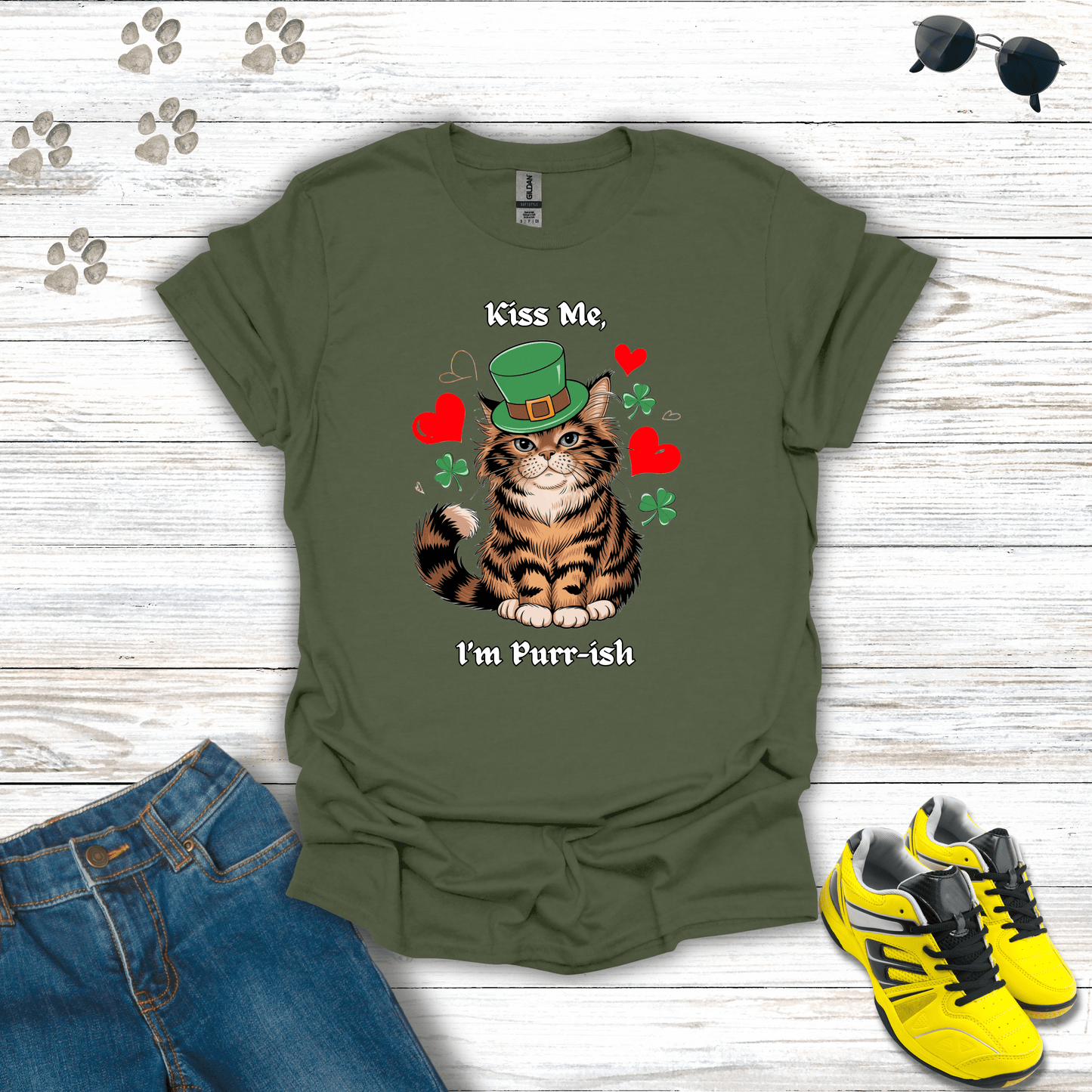 Kiss Me, I'm Purr-ish T-Shirt Military Green / S unisex graphic t-shirt