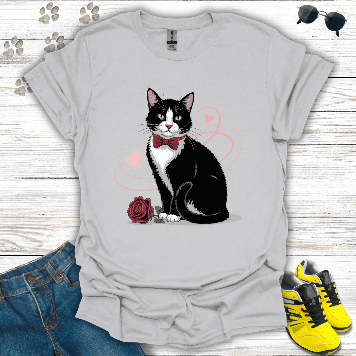 Tuxedo cat with rose and pink hearts on ice grey Valentine shirt