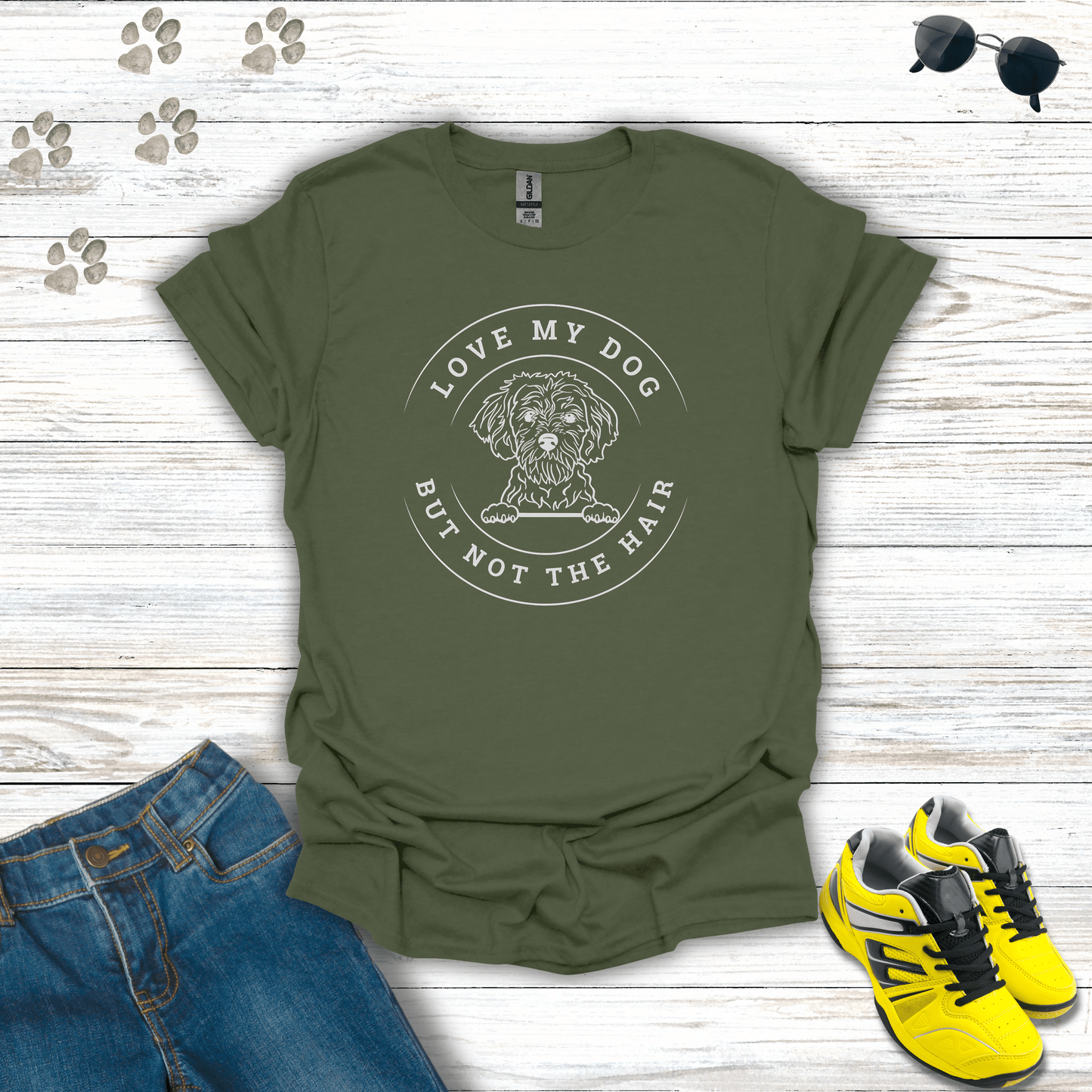 Love My Dog But Not The Hair T-shirt in Military Green — casual dog parent tee