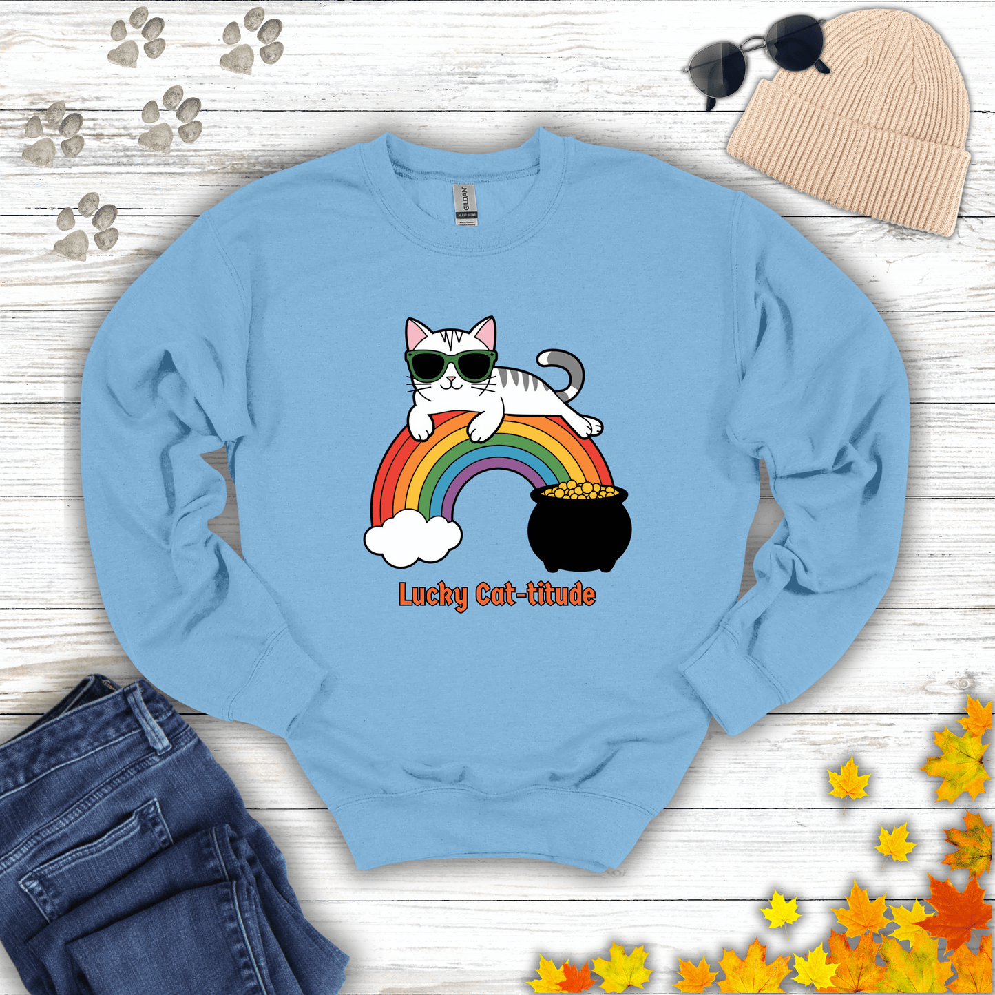 Lucky Cat-titude Sweatshirt S / Light Blue unisex graphic t-shirt
