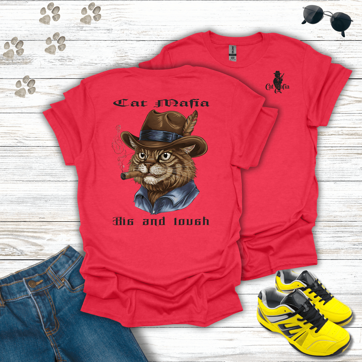 Maine Coon Cat Mafia T-shirt in Heather Red — striking Maine Coon mob cat shirt