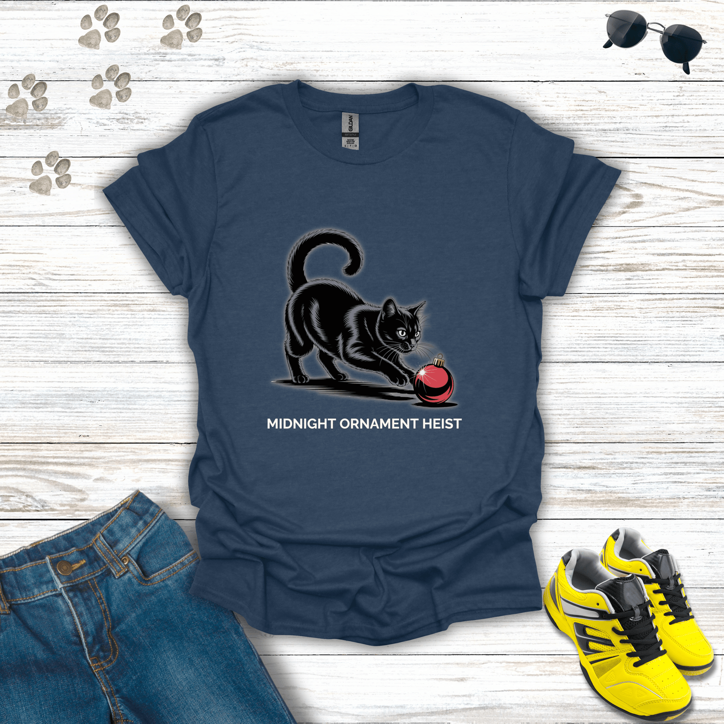 Midnight Ornament Heist Cat T-Shirt Heather Navy / S unisex graphic t-shirt