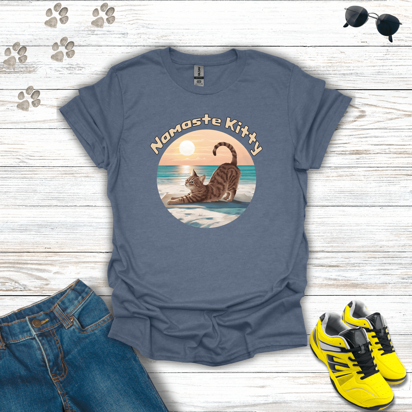 Namaste Kitty T-shirt in Heather Indigo — yoga cat design under sunrise on beach