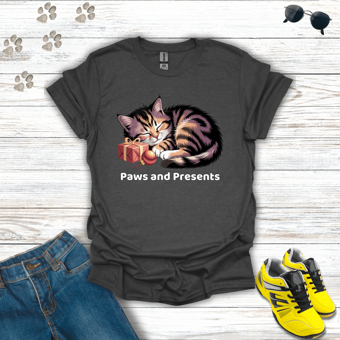 Paws and Presents Cat T-Shirt Dark Heather / S unisex graphic t-shirt