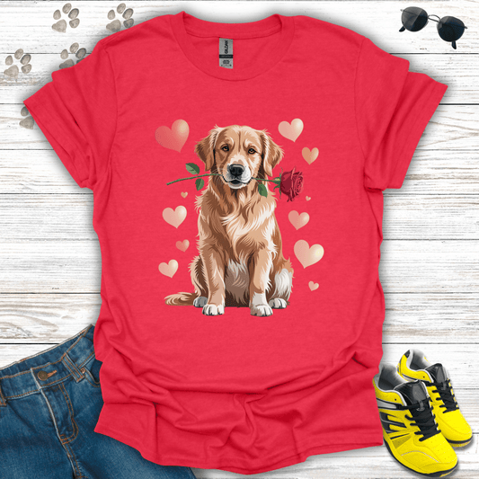 Golden Retriever rose Valentine illustration on heather red tee