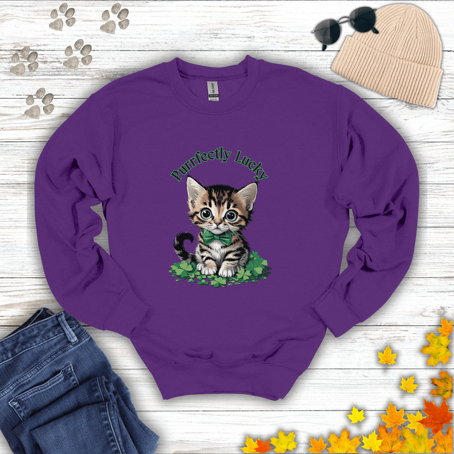 Purrfectly Lucky Cat Sweatshirt S / Purple unisex graphic t-shirt
