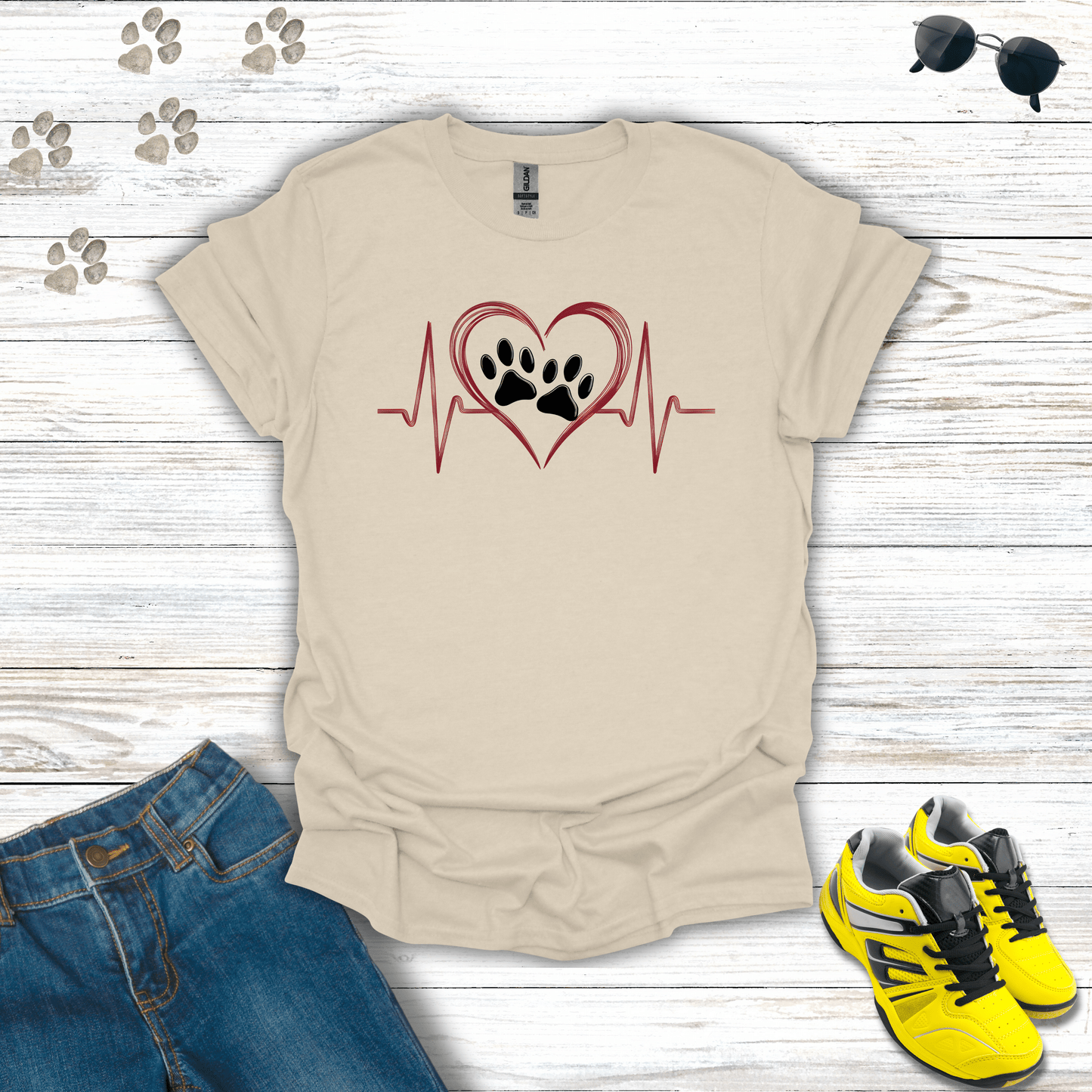 Red Heart Beat Double Paw Prints T-shirt in Natural — minimalist double paw print heart tee