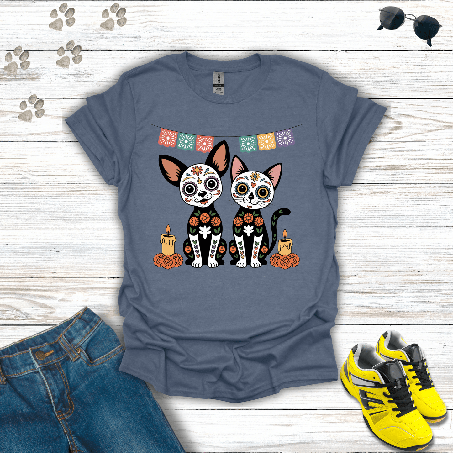 Sugar Skull Chihuahua & Cat Ofrenda T-Shirt Heather Indigo / S unisex graphic t-shirt