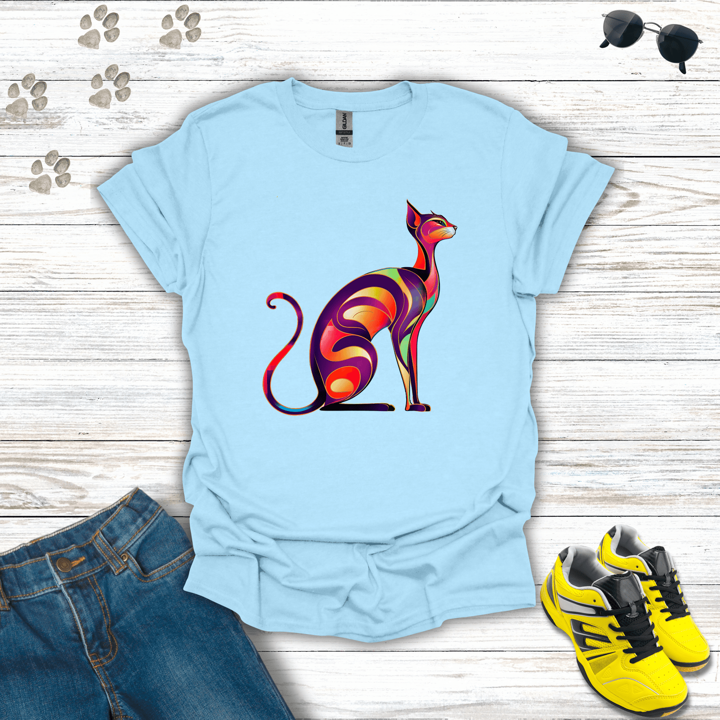 Sunset Whiskers: The Radiant Cat T-Shirt Light Blue / S unisex graphic t-shirt