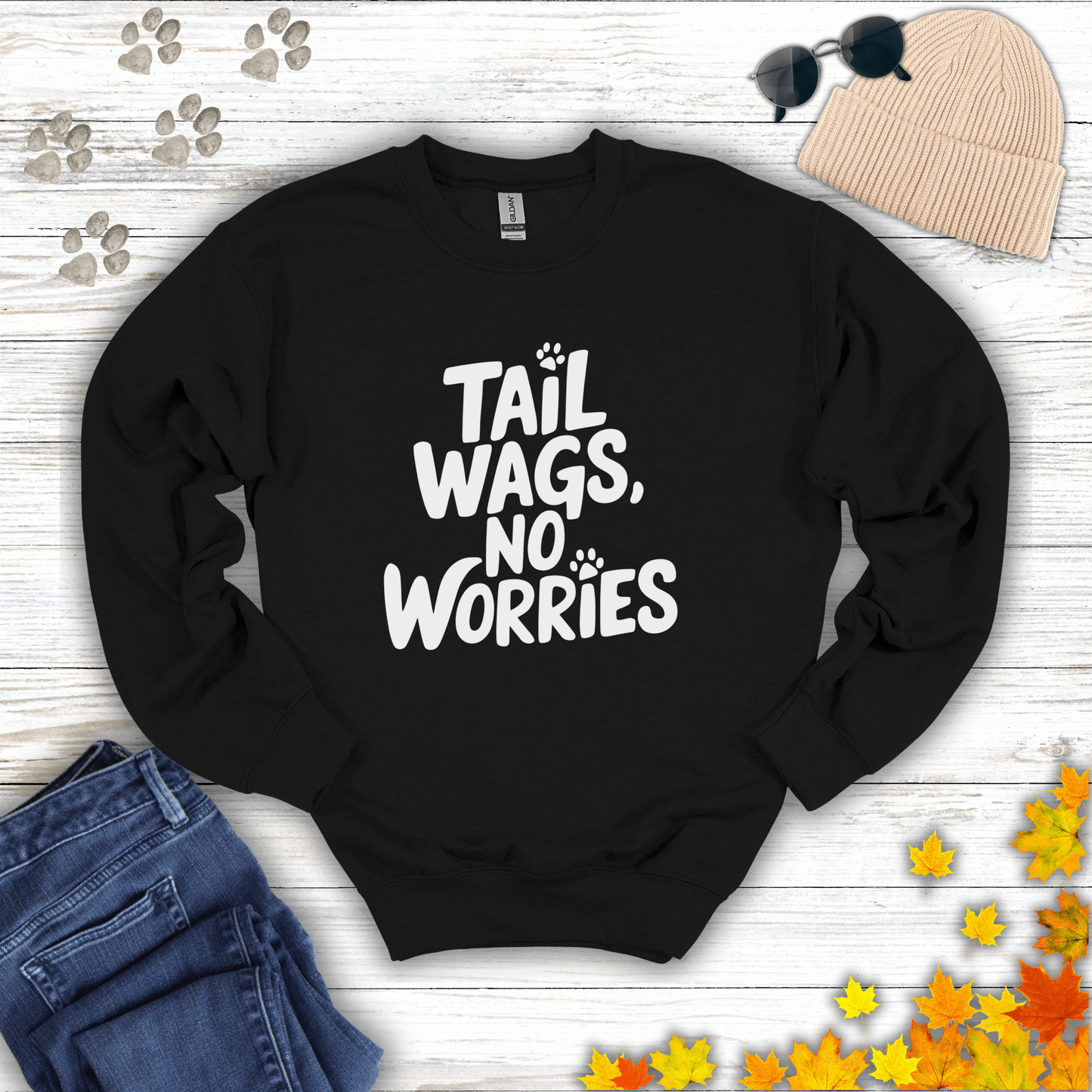 Tail Wags, No Worries Sweatshirt S / Black unisex graphic t-shirt