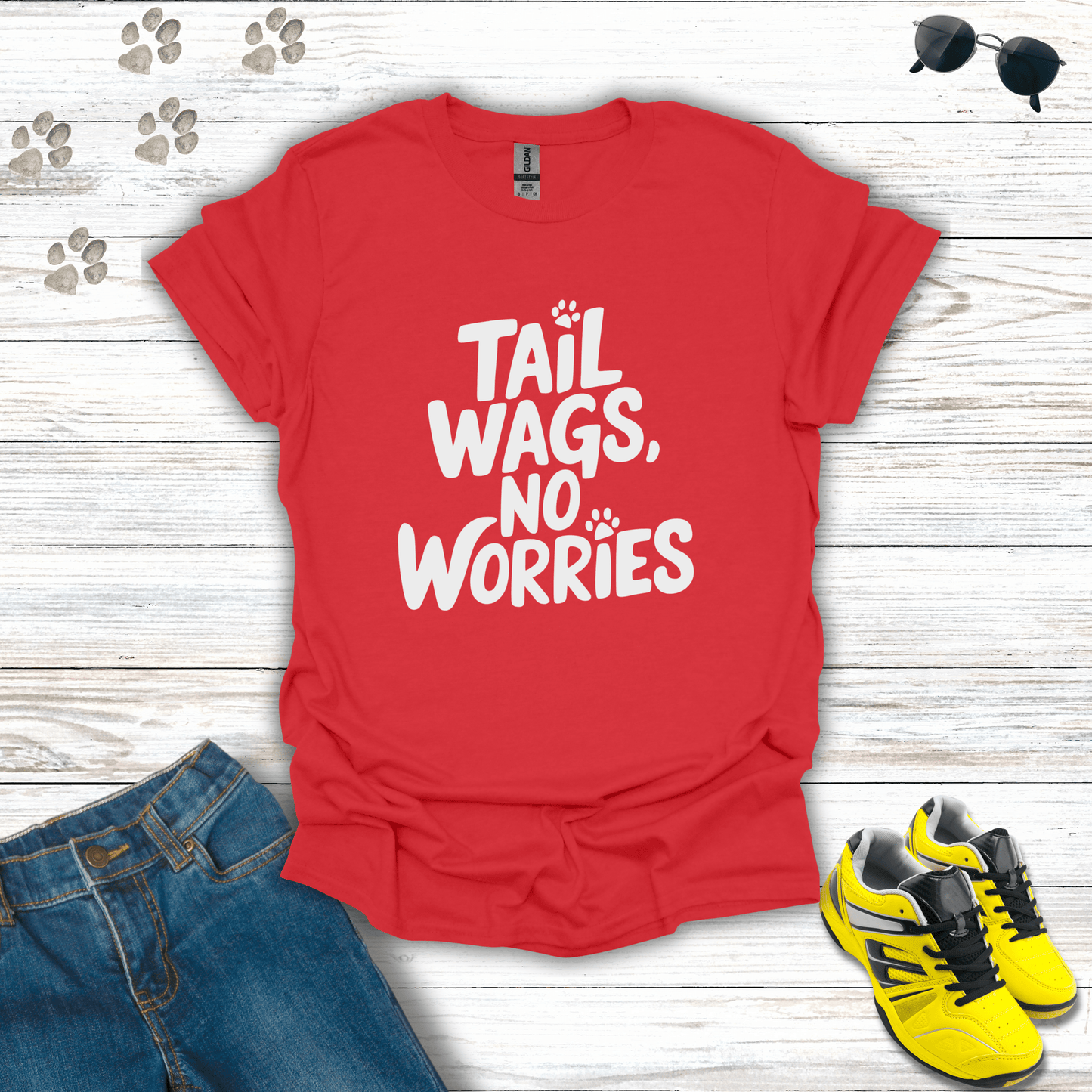Tail Wags, No Worries T-Shirt Red / S unisex graphic t-shirt