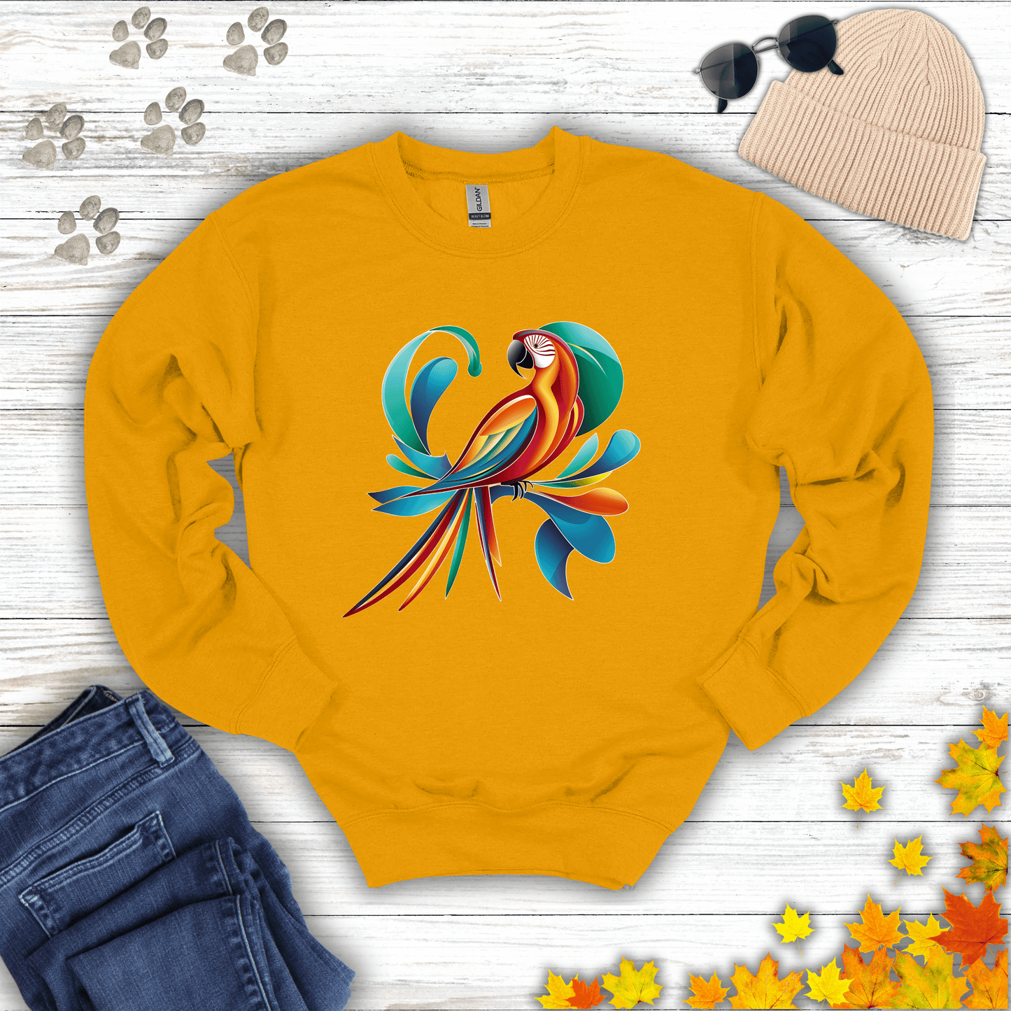 Tropical Bird Graphic Sweatshirt S / Gold unisex graphic t-shirt