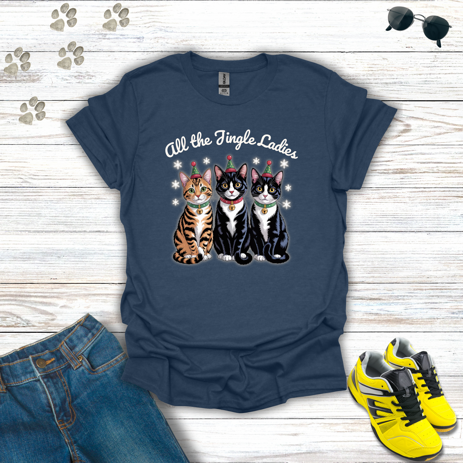 Three festive cats in elf hats sitting together under the phrase “All the Jingle Ladies” – funny Christmas cat T-shirt by Pet Graphic Apparel