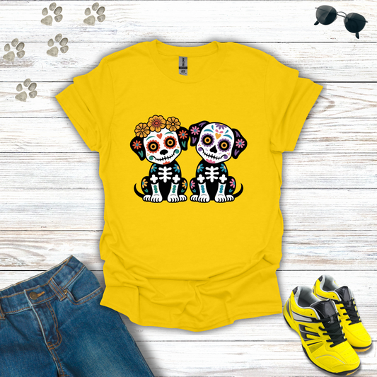 Daisy t-shirt with skull dog design on a wooden surface with jeans and shoes.