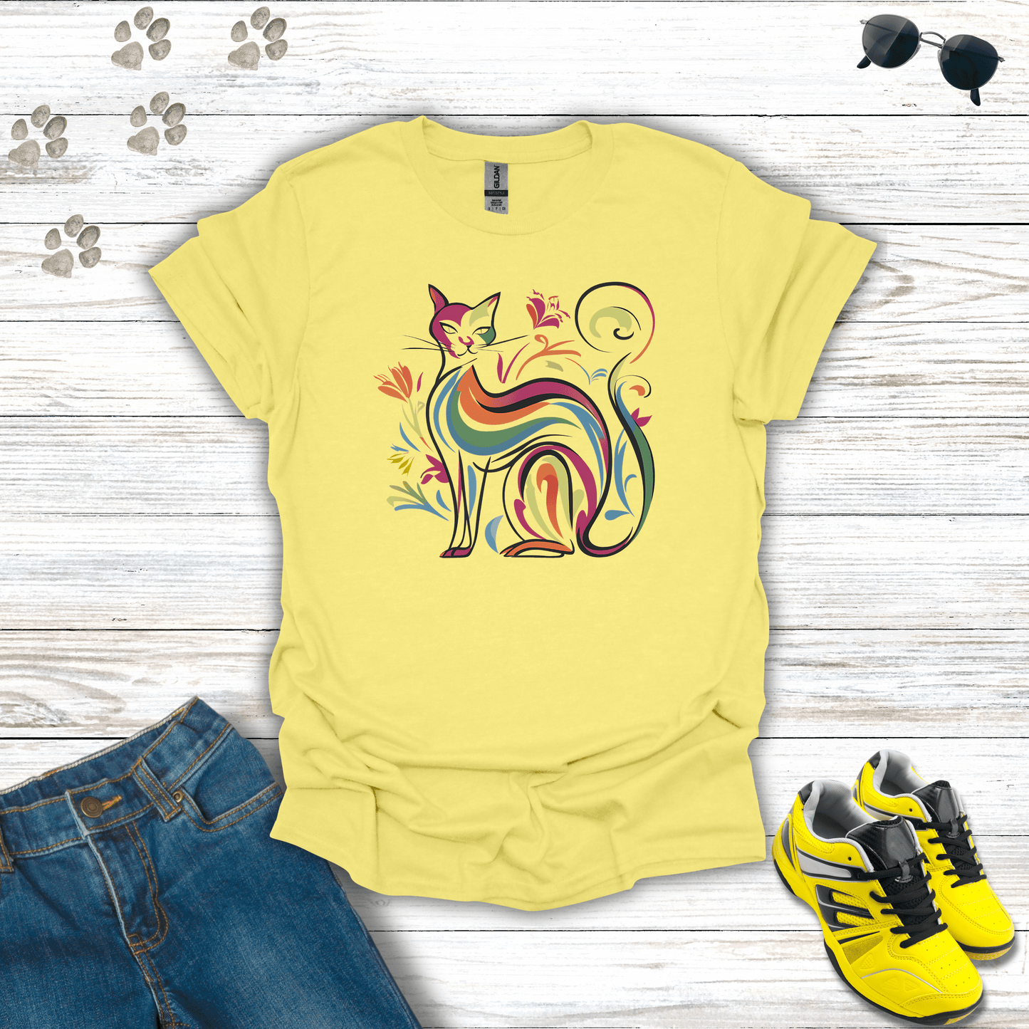 Prismatic Prowl: The Colorful Cat T-Shirt