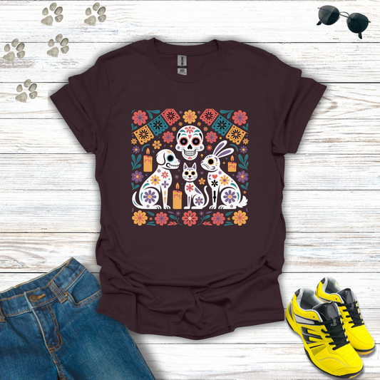 Dark Chocolate t-shirt with a colorful graphic design on a wooden surface with jeans and sneakers.