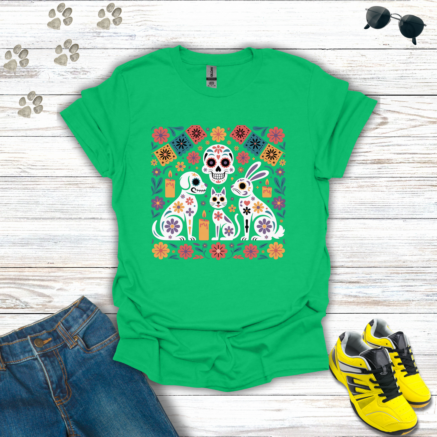 Irish Green t-shirt with a colorful graphic design on a wooden surface with jeans and sneakers.