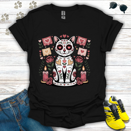 Sugar skull cat Valentine t-shirt featuring heart and rose ofrenda design on black shirt