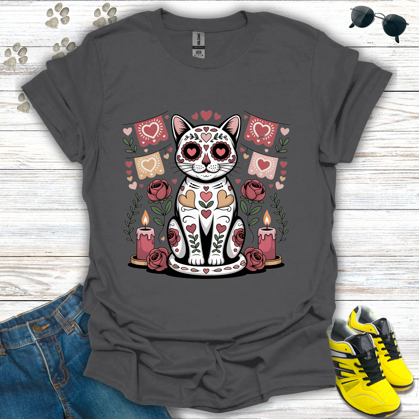 Romantic sugar skull cat Valentine artwork with hearts and floral altar on charcoal t-shirt