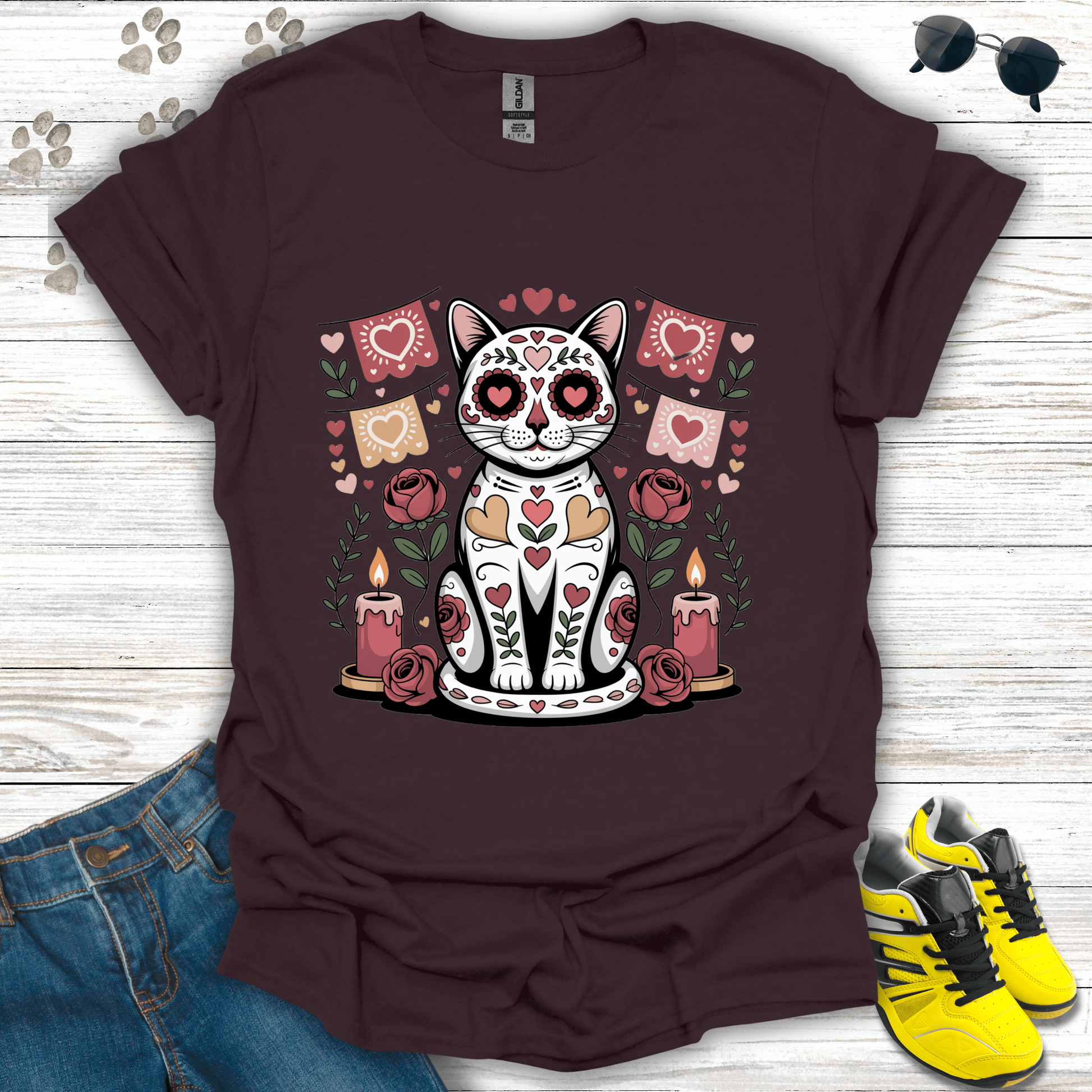 Sugar skull cat love ofrenda Valentine design with roses and candles on dark chocolate t-shirt