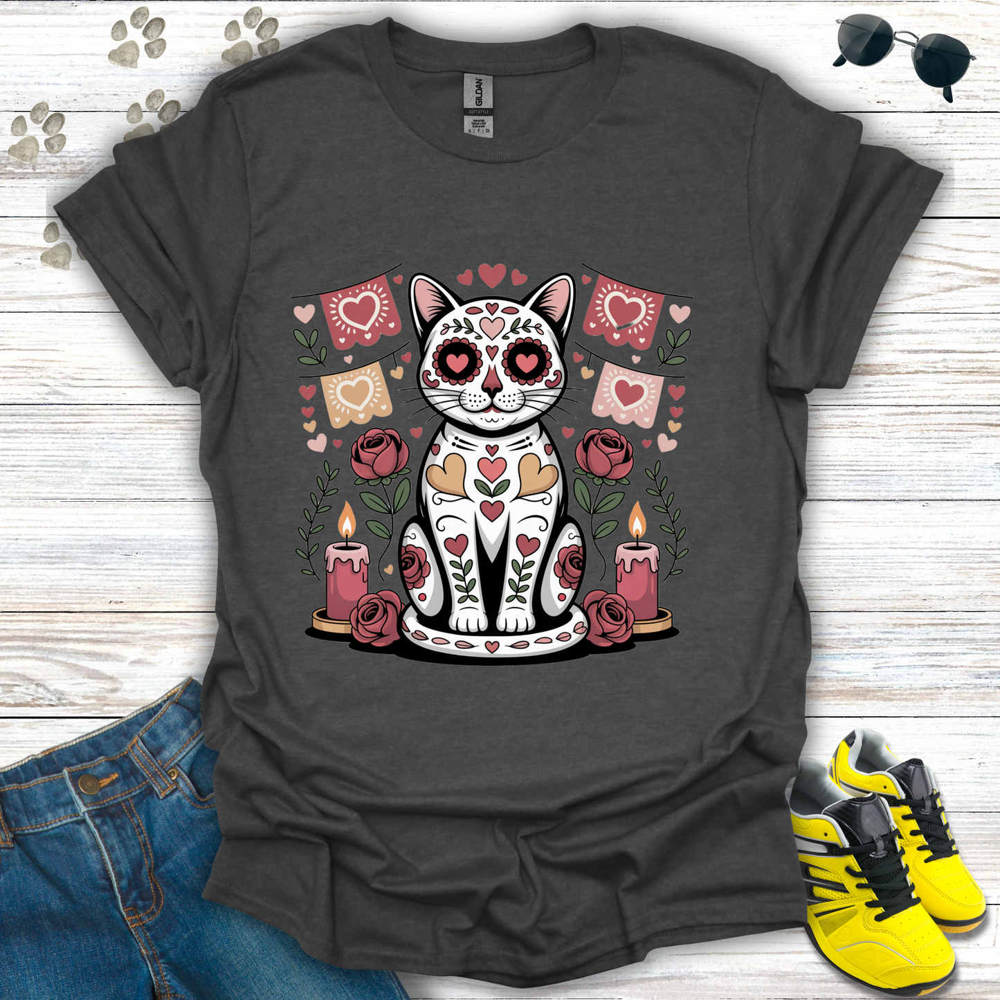 Romantic sugar skull cat Valentine design with floral altar and candles on dark heather t-shirt