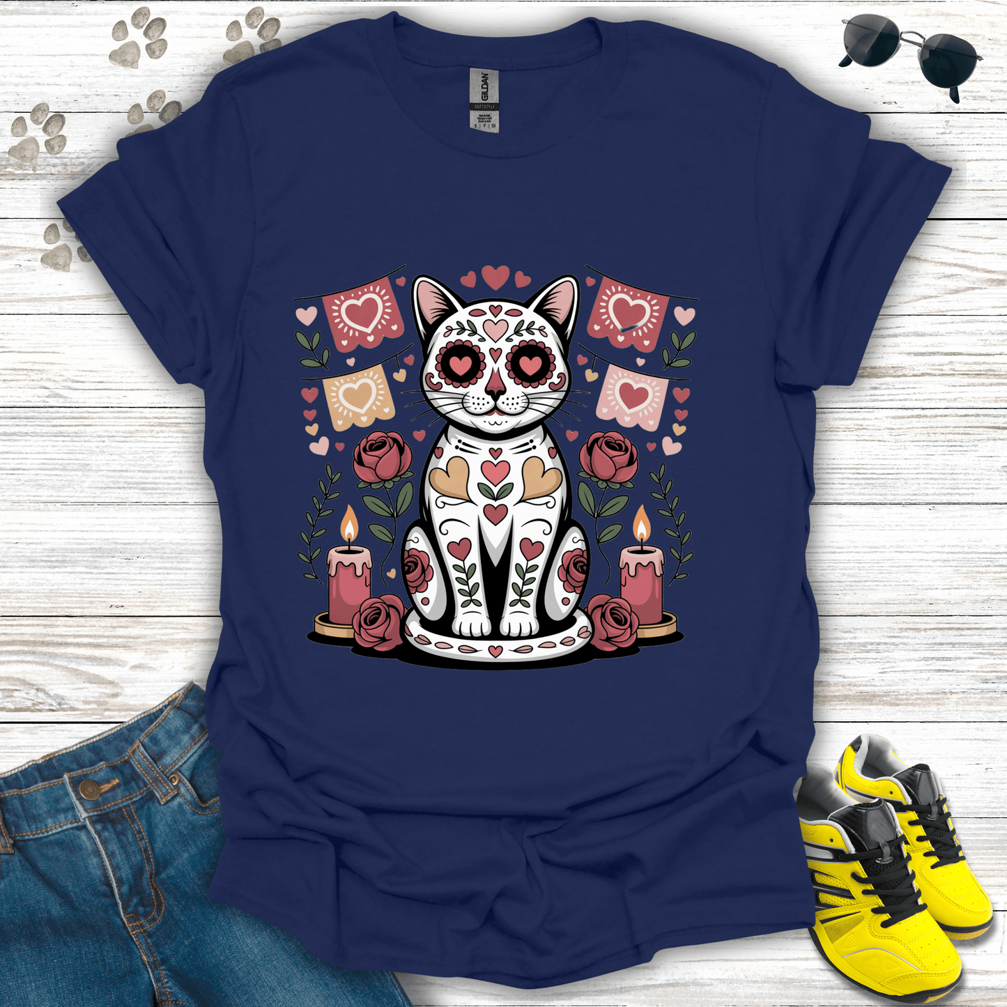 Sugar skull cat love ofrenda Valentine artwork with hearts and roses on navy blue t-shirt