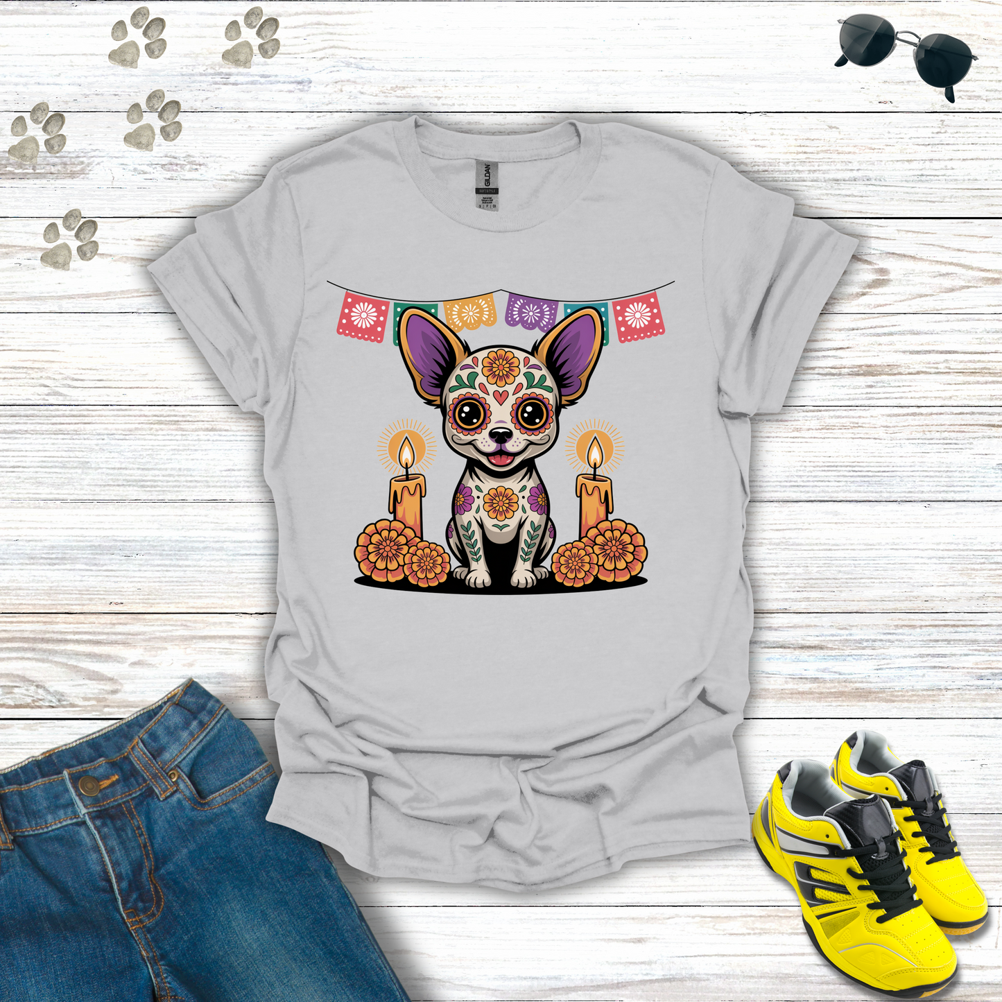 Ice gray t-shirt Sugar Skull Chihuahua T-Shirt design with candles, marigolds, and papel picado Día de los Muertos theme.