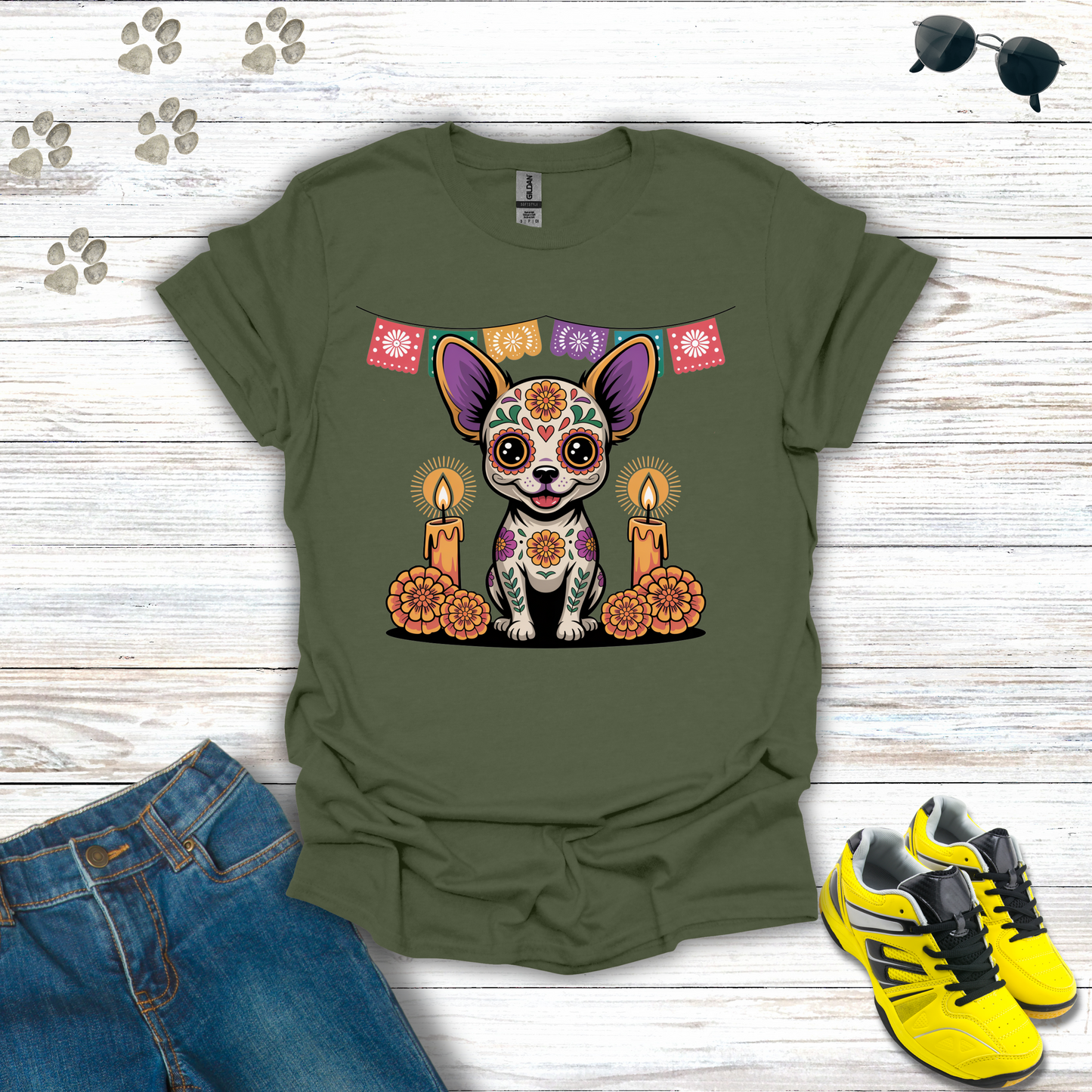 Military Green T-shirt Sugar Skull Chihuahua T-Shirt design with candles, marigolds, and papel picado Día de los Muertos theme.