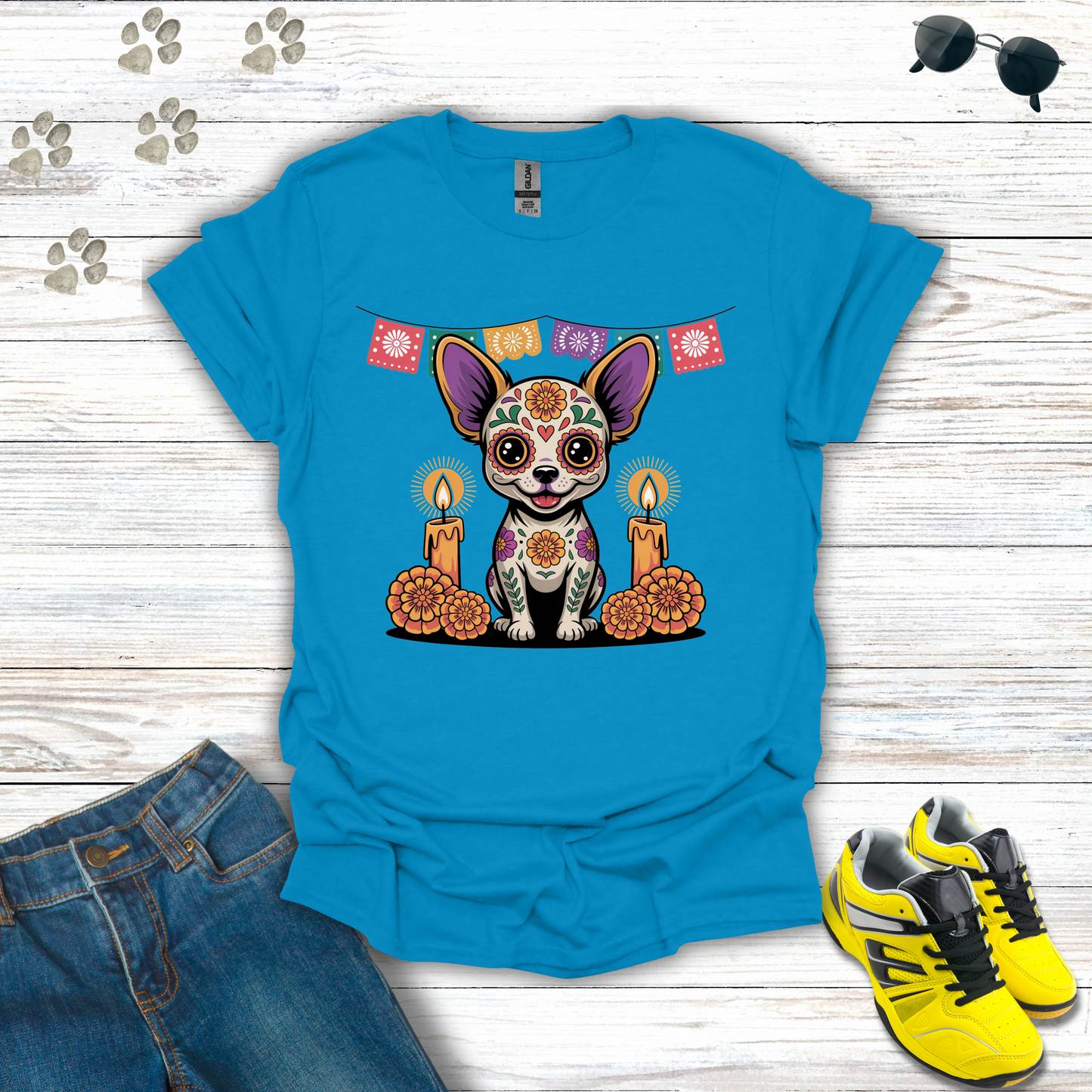 Sapphire Blue T-shirt Sugar Skull Chihuahua T-Shirt design with candles, marigolds, and papel picado Día de los Muertos theme.