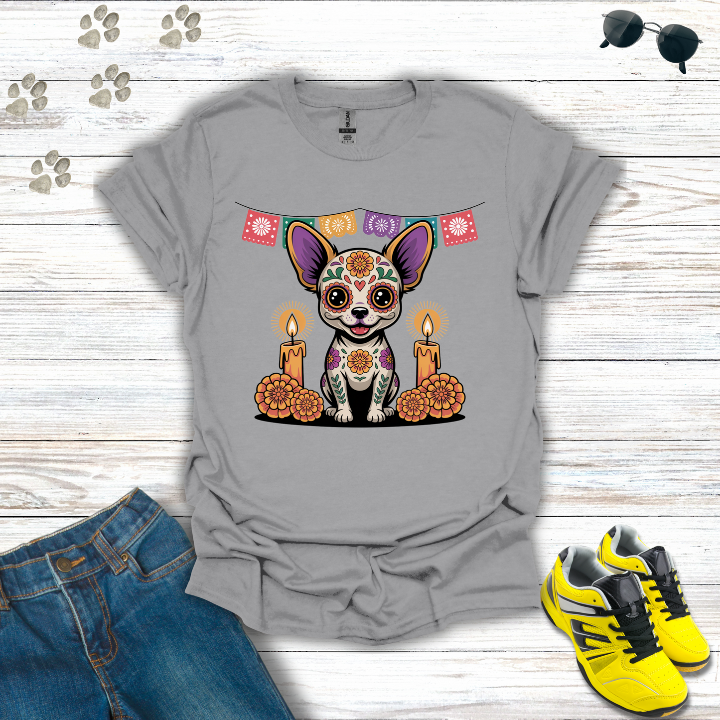 Sports Grey t-shirt Sugar Skull Chihuahua T-Shirt design with candles, marigolds, and papel picado Día de los Muertos theme.