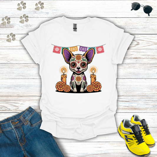 White T-shirt Sugar Skull Chihuahua T-Shirt design with candles, marigolds, and papel picado Día de los Muertos theme.