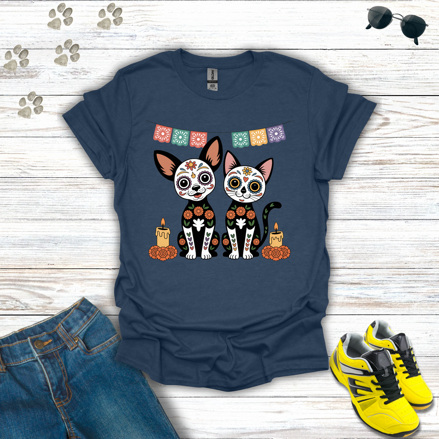 Heather Navy t-shirt Sugar Skull Chihuahua and Cat T-Shirt design with candles, marigolds, and papel picado Día de los Muertos theme