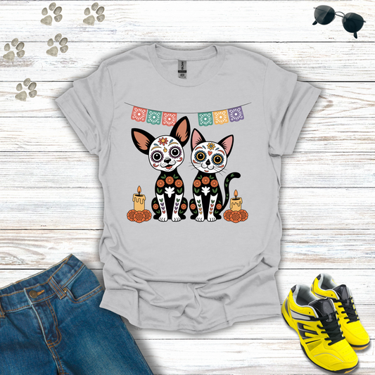 Ice Gray T-shirt Sugar Skull Chihuahua and Cat T-Shirt design with candles, marigolds, and papel picado Día de los Muertos theme
